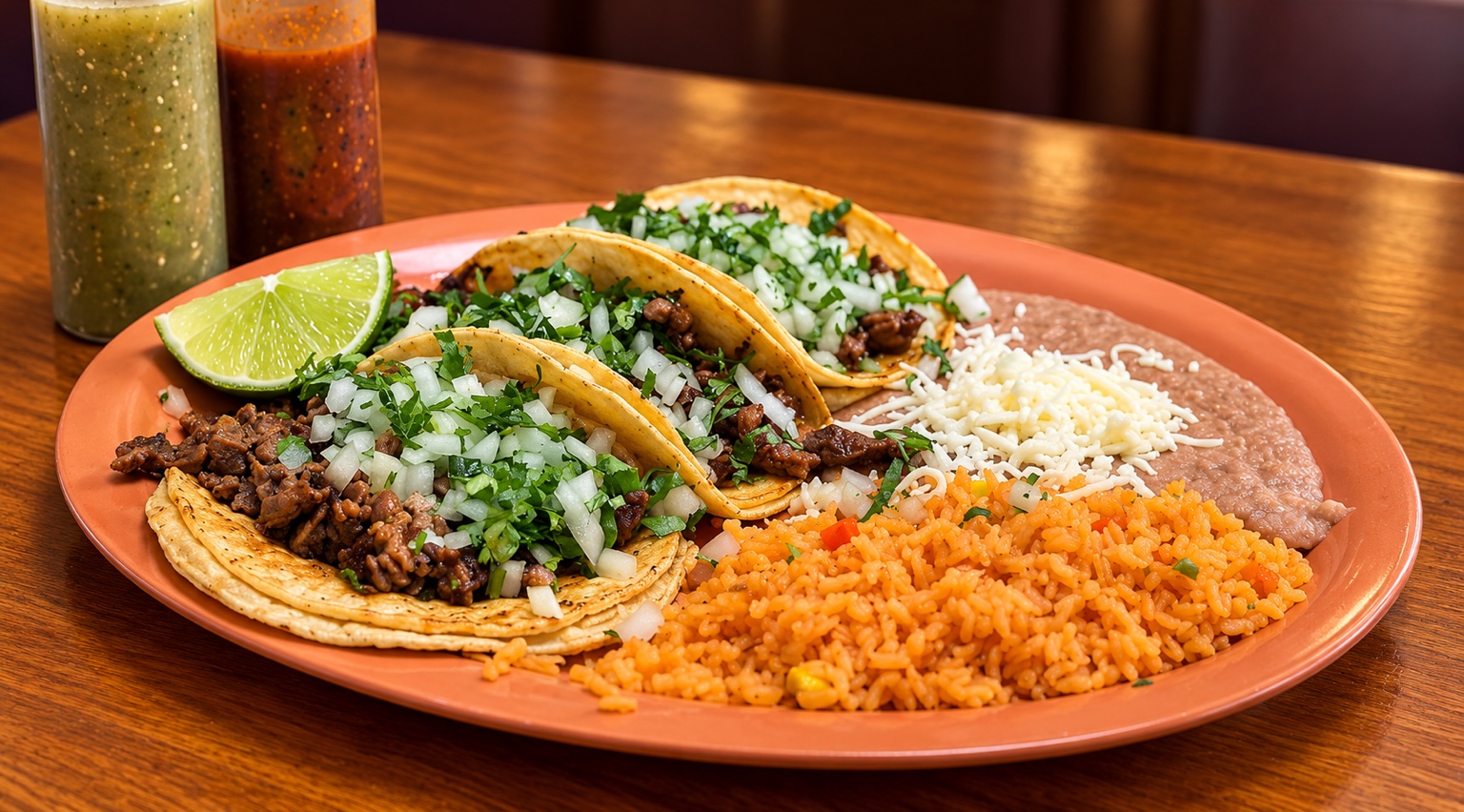 Three steak tacos on corn tortillas with rice, beans, and lime